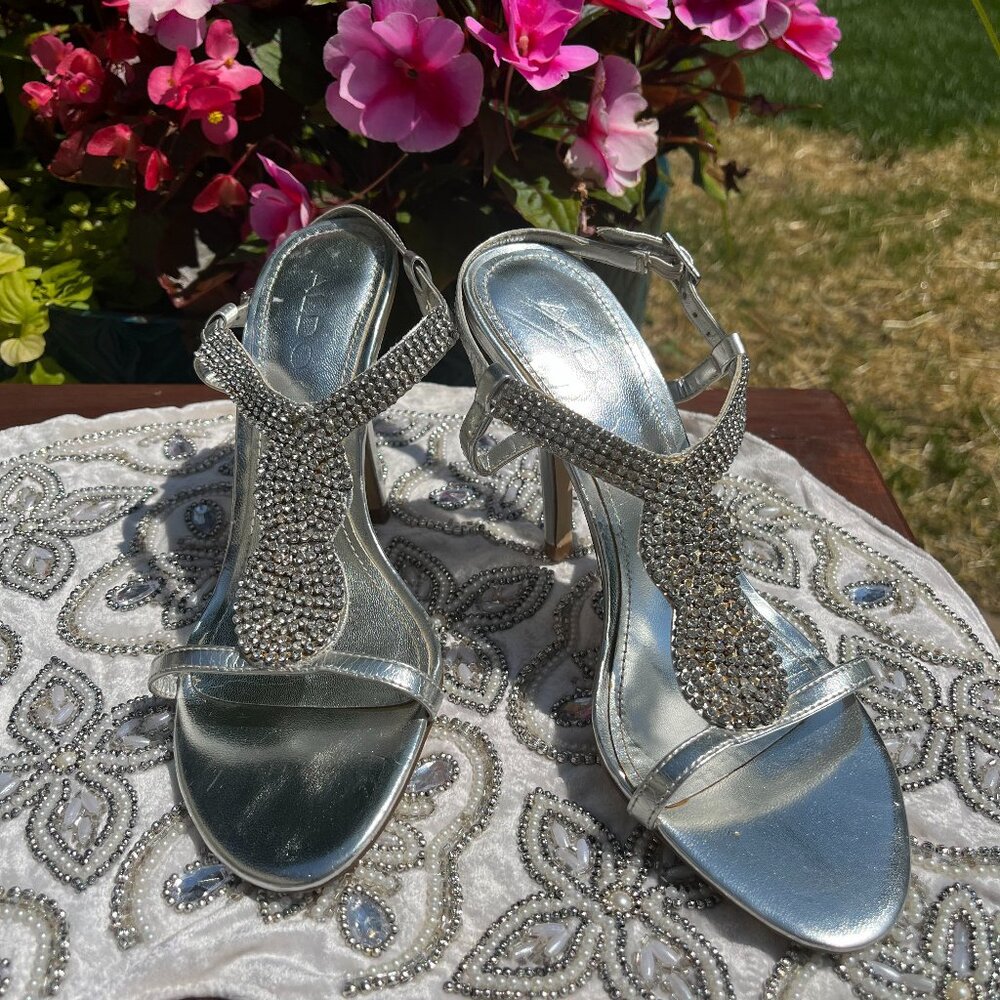 ALDO Embellished Sparkly Silver Rhinestone Strappy Heels Size 6